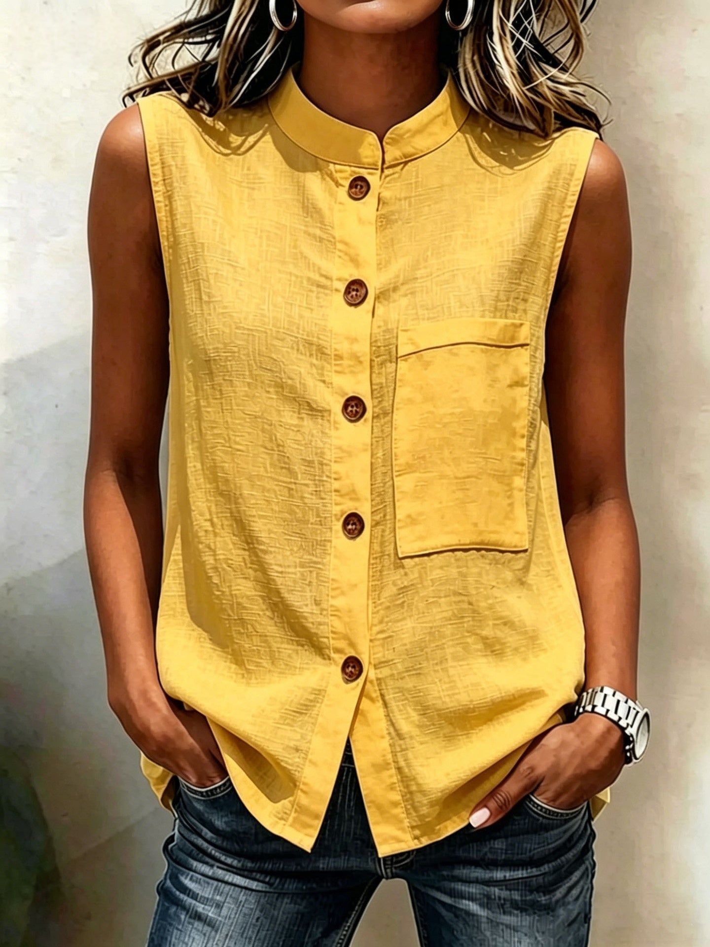 Fashionable Casual Solid-color Top With Buttoned Pockets