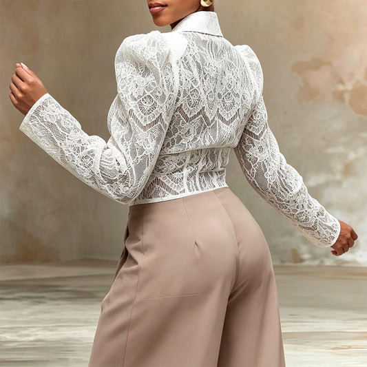 White lace waist cinched bubble sleeve shirt top