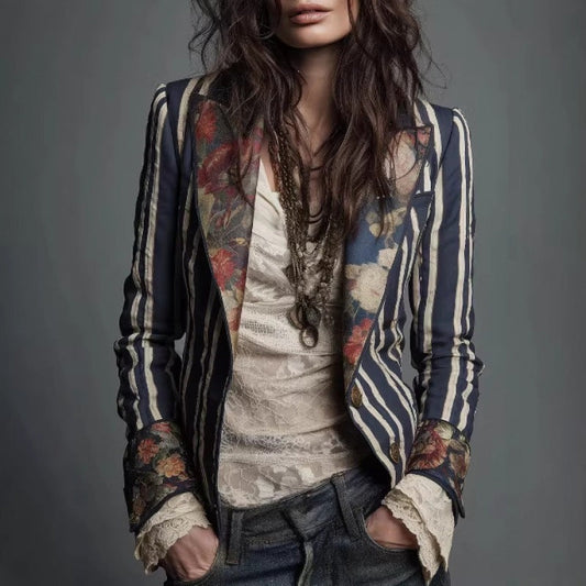 Women's Bohemian Color-Block Striped Blazer