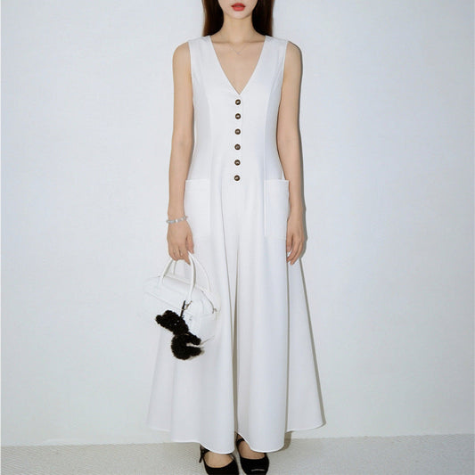Women's Stylish & Elegant Solid-Color V-Neck Button-Up Dress