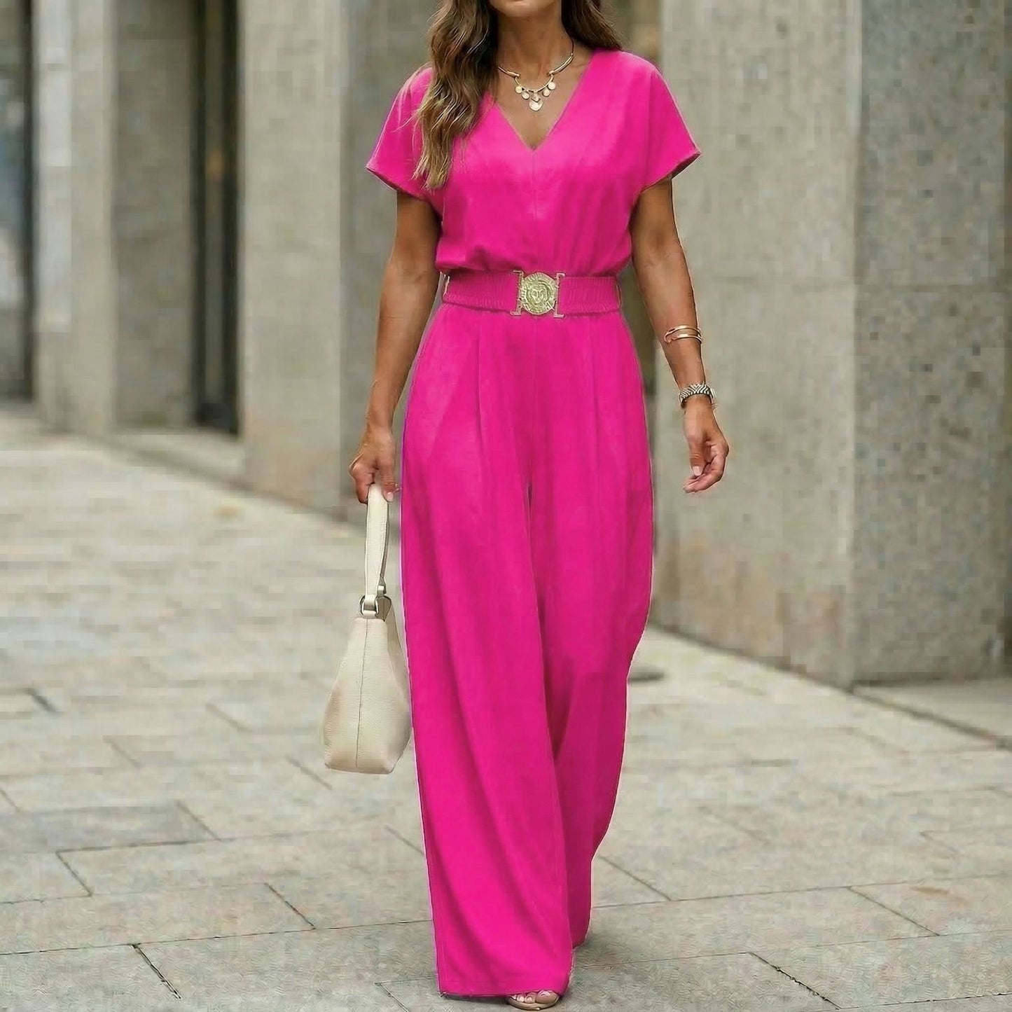 Womens V-neck Solid-color Short-sleeve Long-pants Belted JumpsuitĀ