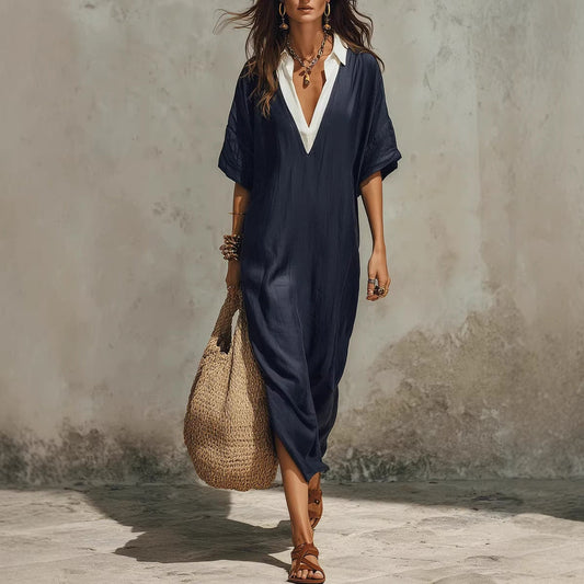 Cross-Border Casual Lazy-Style V-Neck Loose Cropped-Sleeve Dress Linen Texture Relaxed Vacation-Ready