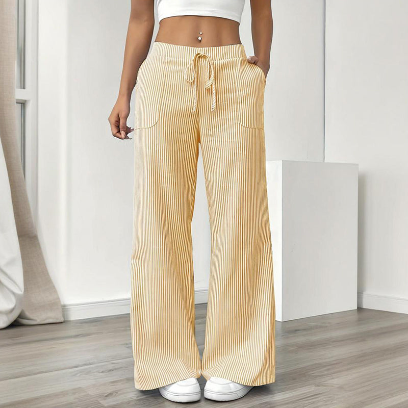 Women's Striped Print Straight Wide Leg Pockets Pants Casual Long Pants CJ US