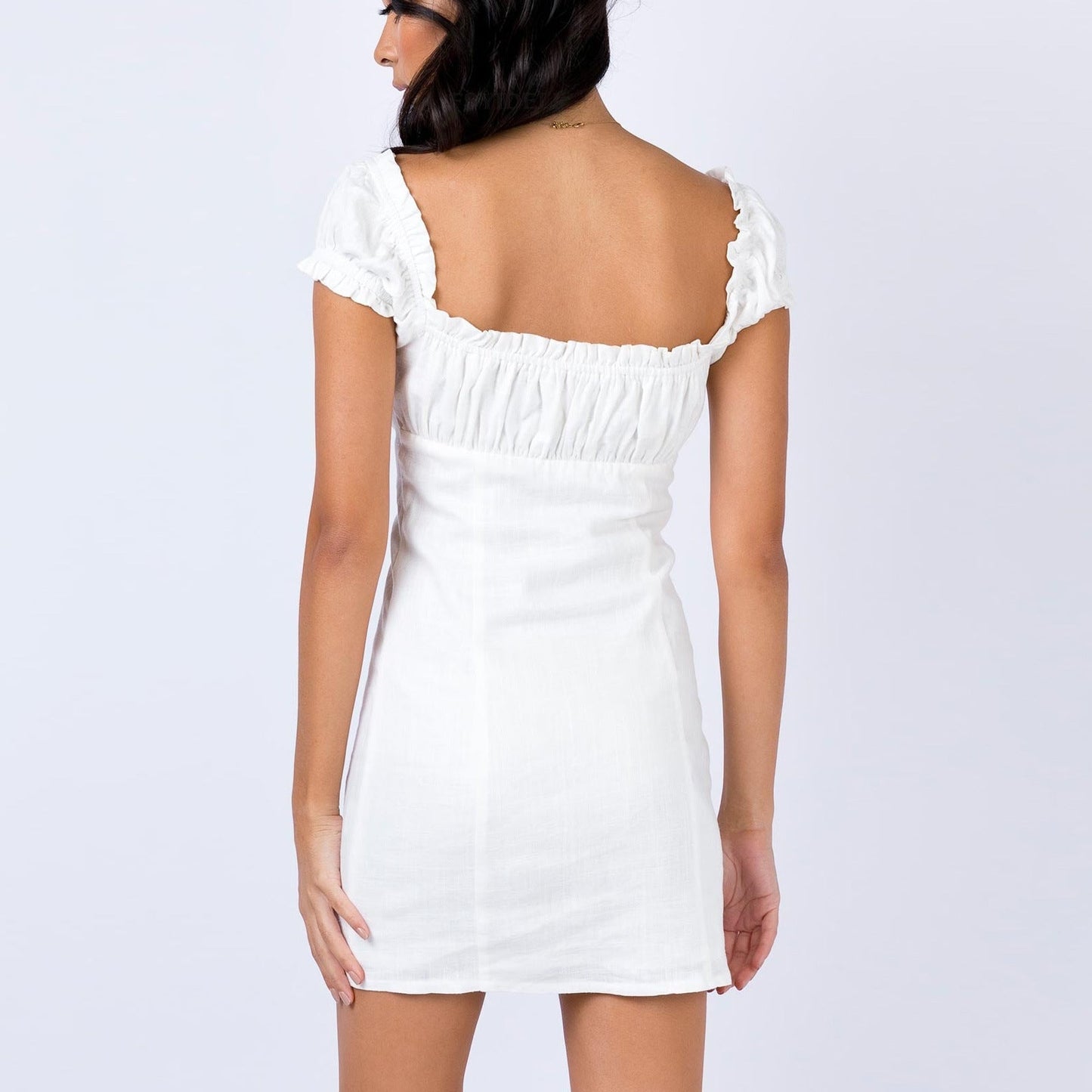 New Cotton-Linen Single-Breasted Off-Shoulder Lace-Up Puff-Sleeve Sheath Dress