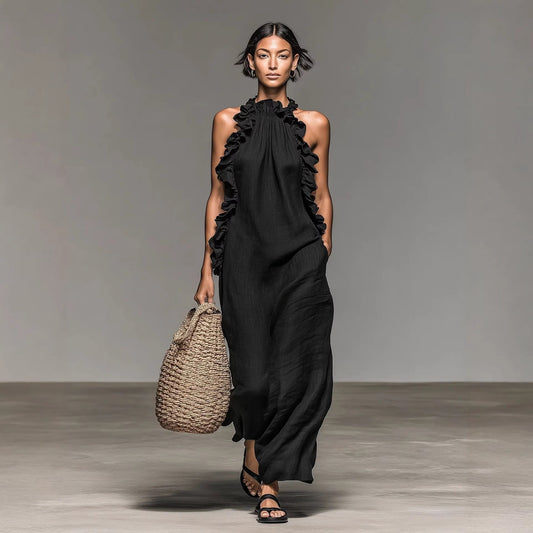 Resort-style Ruffled Halterneck Sleeveless Dress Loose-fitting And Figure-flattering Maxi Skirt