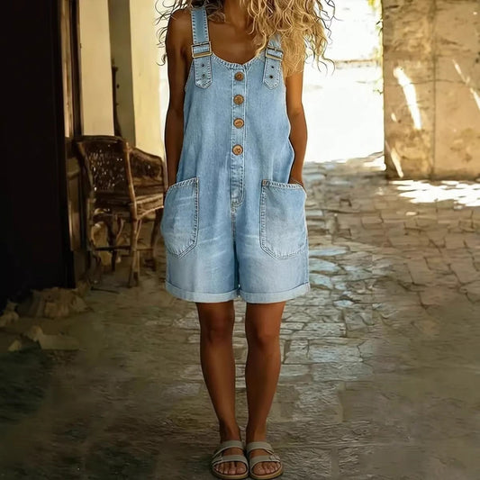 Loose Slimming High-waisted Denim Shorts Jumpsuit