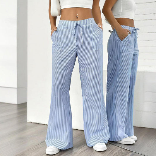Women's Striped Print Straight Wide Leg Pockets Pants Casual Long Pants CJ US