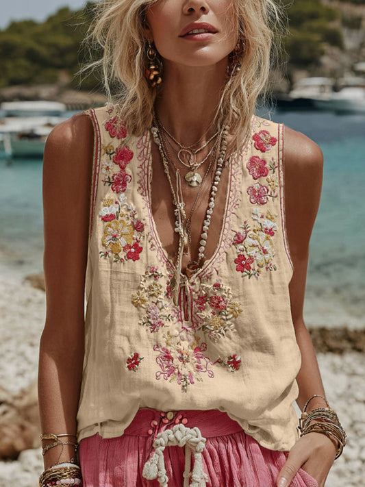 Womens V-Neck Tank Top With A Botanical Floral Print