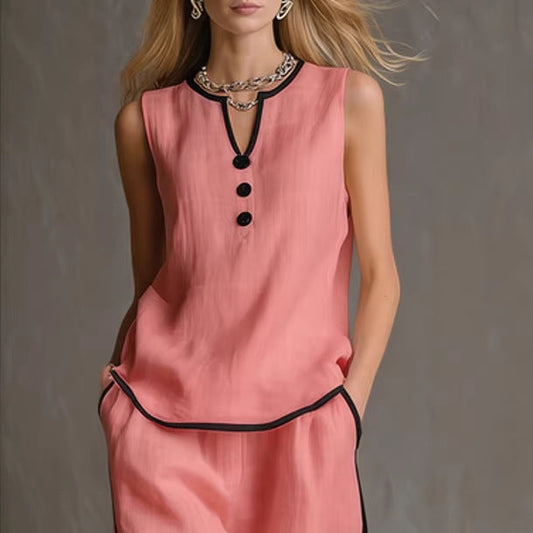 Sleeveless V-Neck Black Trim Contrast Color Simple Womens Top And Wide-Leg Pants Set