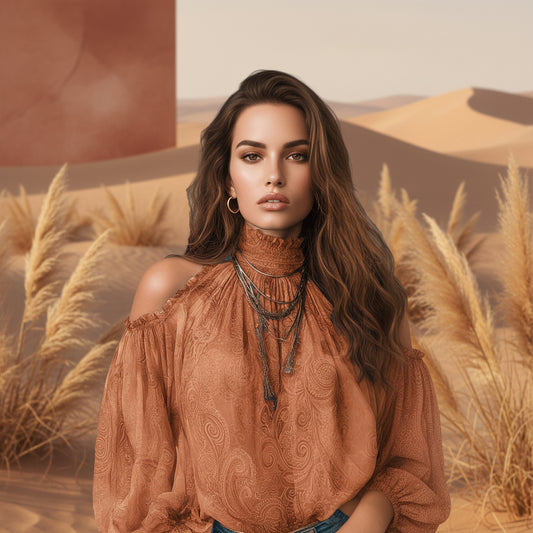 Retro Cashew-print High-neck Off-shoulder Chiffon Blouse