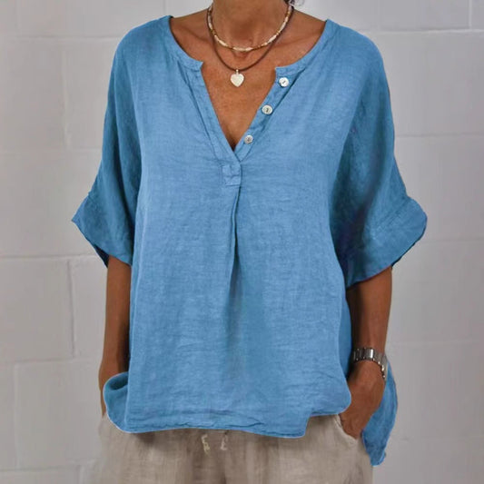 Cotton-linen Solid-color Door-cuff V-neck Button-up Shirt