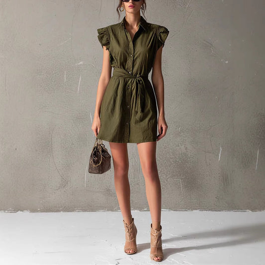 Dropped-shoulder Sleeve Polo-neck Lace-up Dress