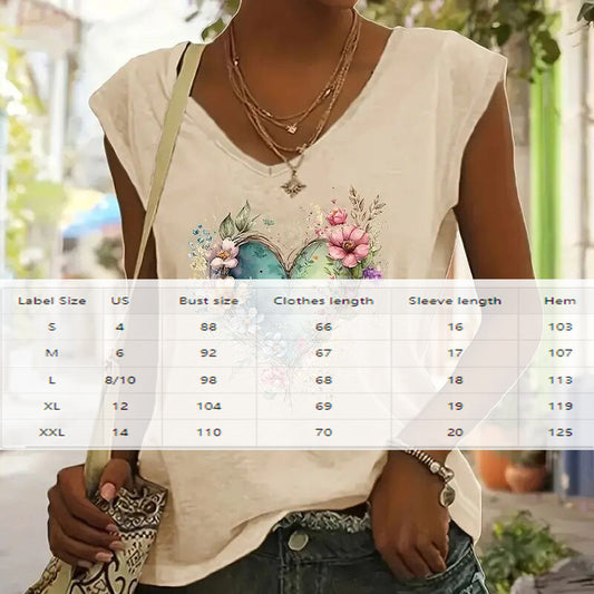 Short Sleeve T-Shirt Floral Heart Print Summer Casual Top CJ US