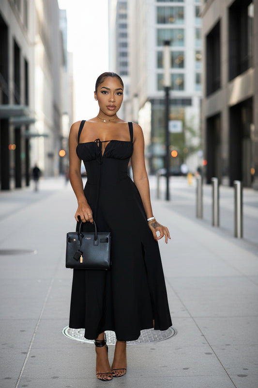 Womens Solid-Colored Bustier Slit Lace-Up Casual Dress