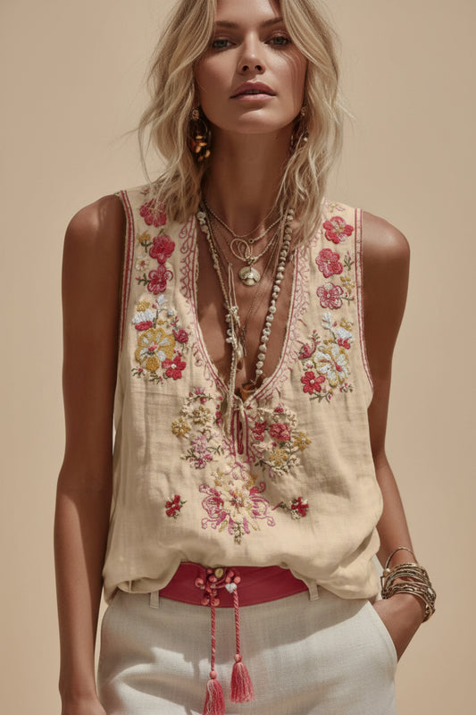 Womens V-Neck Tank Top With A Botanical Floral Print