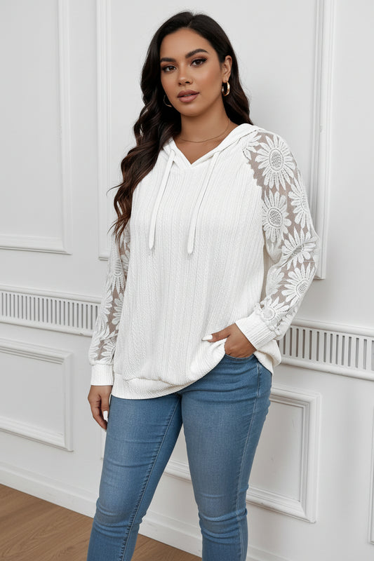 European And American-style Round-neck Hollow-out Pullover With Lace Paneling And Long Sleeves
