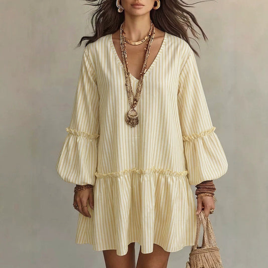 Style Autumn New Women's Long Sleeve Dress Stripe Print V-Neck Lantern Sleeve Loose Mini Dress
