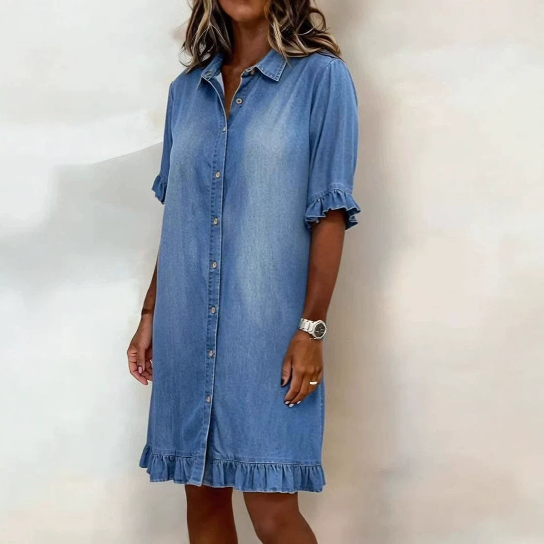 Women's Faux Denim Ruffle Sleeve Shirt Dress