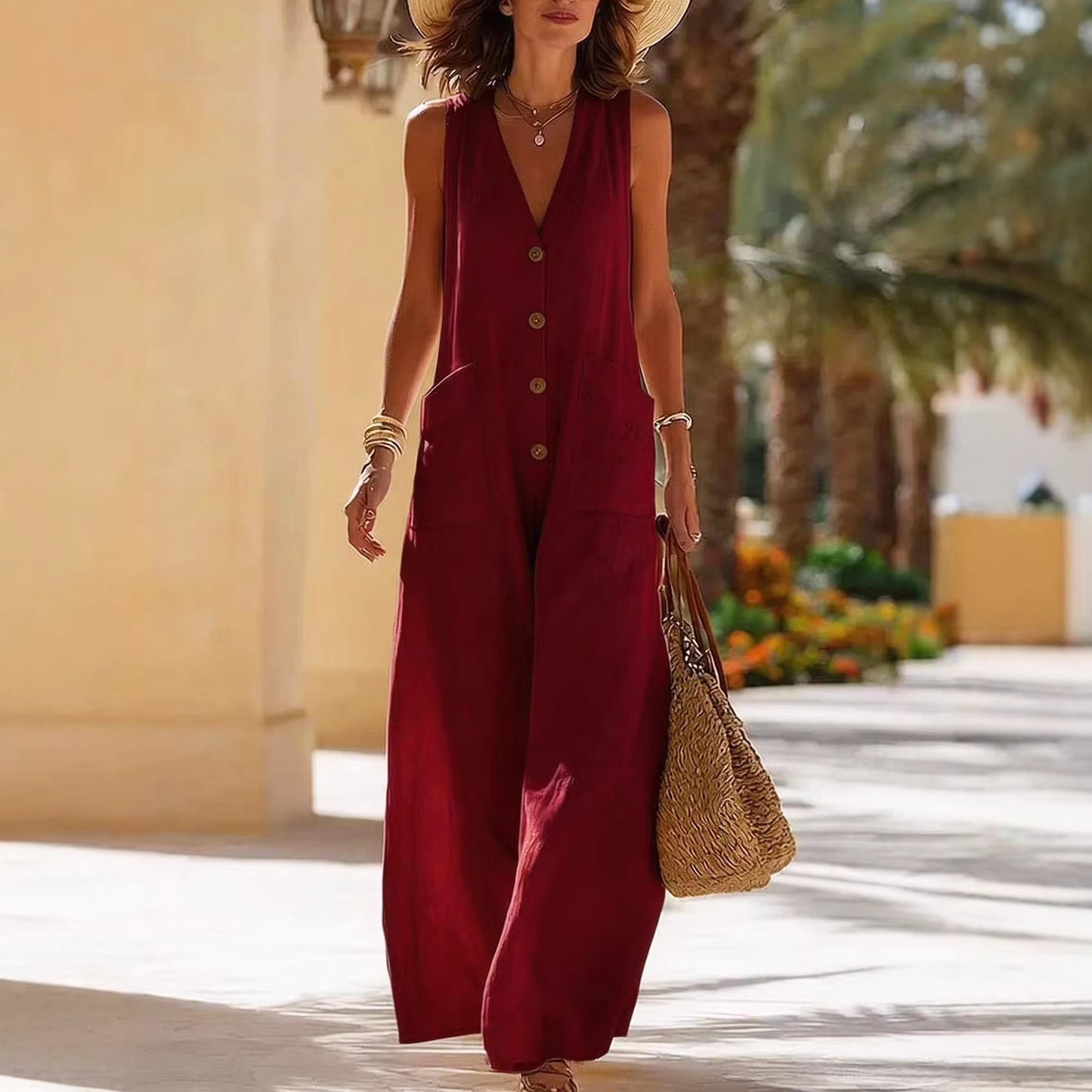 Simple And Comfortable Cotton-Linen Sleeveless Wide-Leg Jumpsuit With Button Pockets