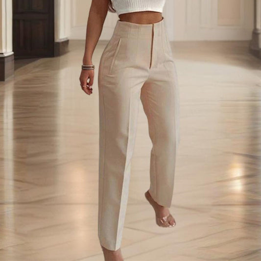 Women's High-Waisted Straight Leg Pants Casual Solid Color Pants With Button & Zipper Detail Comfortable Trousers With Pockets CJ US