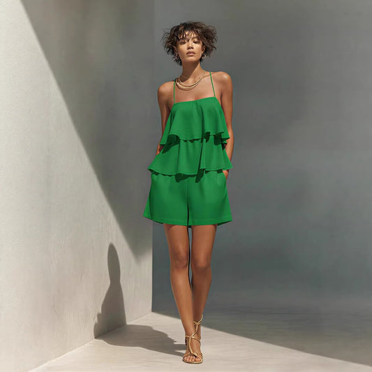 Multi-layer Ruffle Loose Camisole And Shorts Set