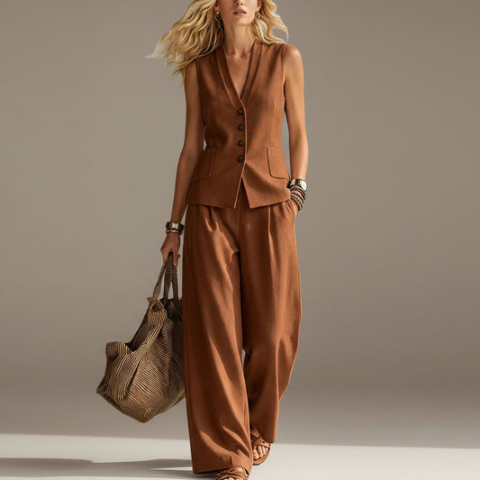 Womens Solid-Colored Sleeveless Casual Linen Tank Top And Pants Set