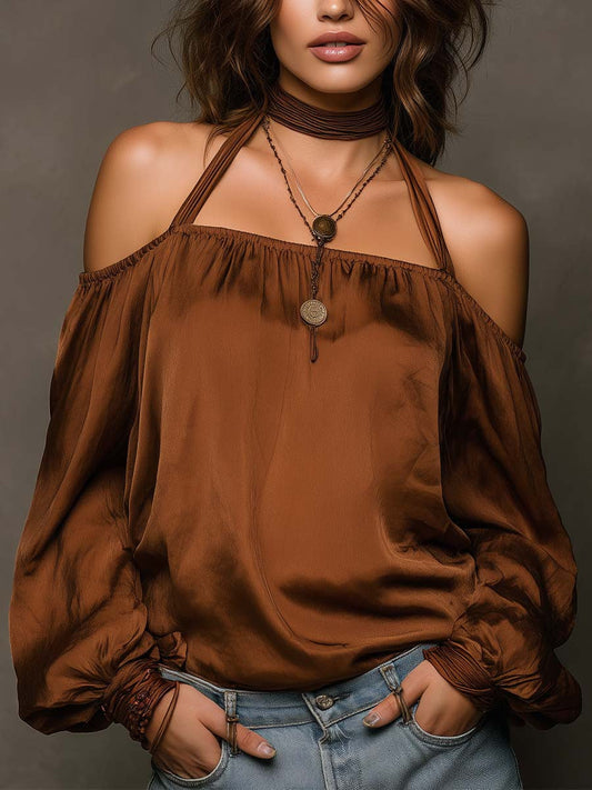 Chic Shoulder-Baring Matte Satin Blouse for Women Fashion Top