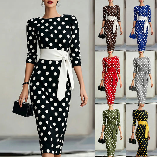 Retro Polka-dot Navy Blue Belted Waist-hugging Elegant Dress