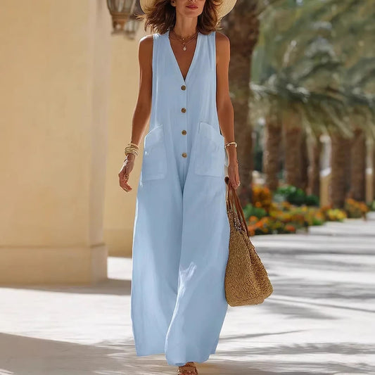 Simple And Comfortable Cotton-Linen Sleeveless Wide-Leg Jumpsuit With Button Pockets