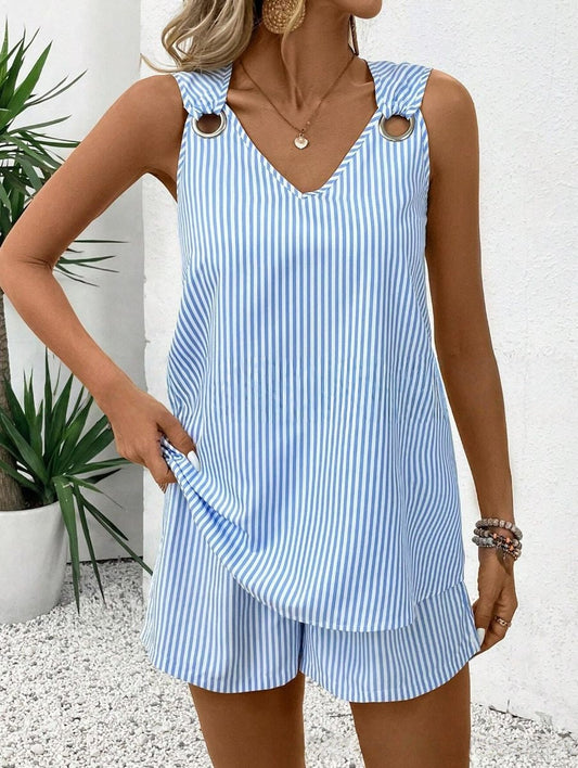 Striped Stand Collar Sleeveless Top & Shorts Set – 6 Colors, S–3XL