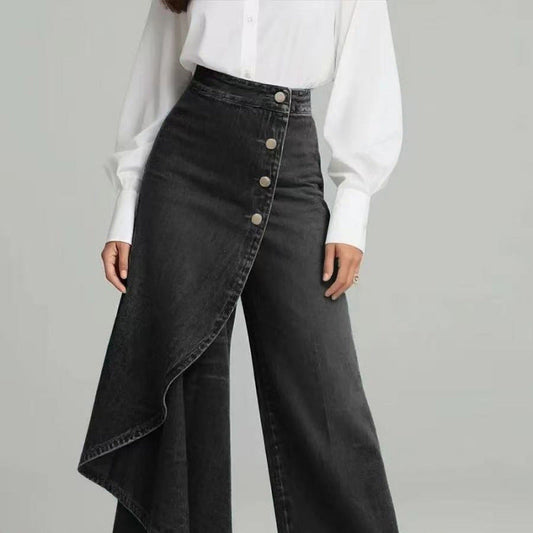 Denim Skort With Button Closure And Washed Finish For Women