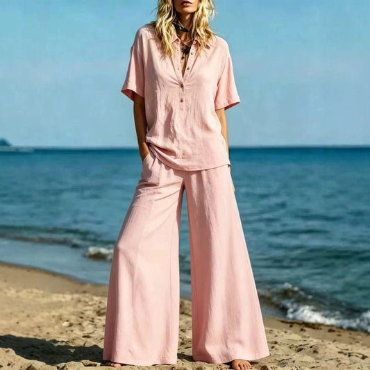 Button-down Shirt And Wide-leg Pants Two-piece Set For Women