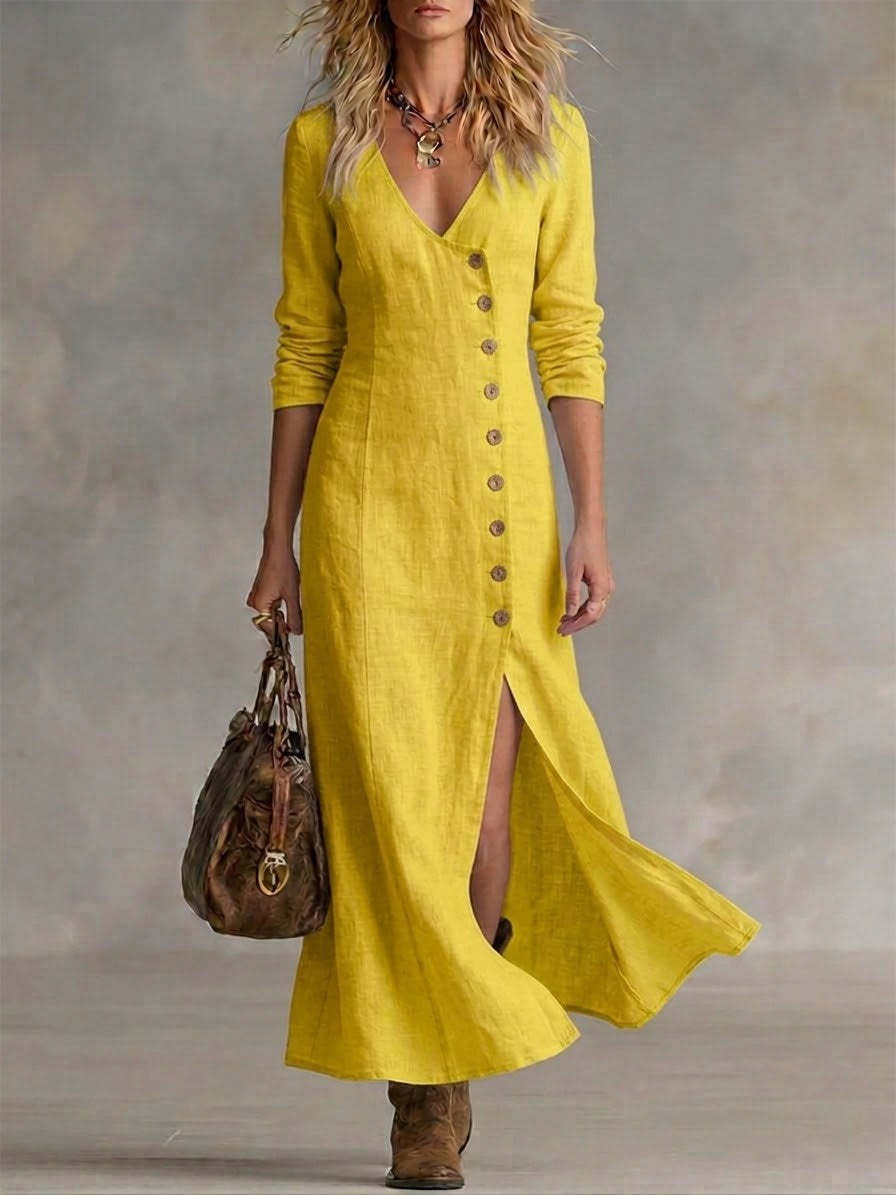 Fashionable Casual Cotton-Linen Long-Sleeve Womens Dress
