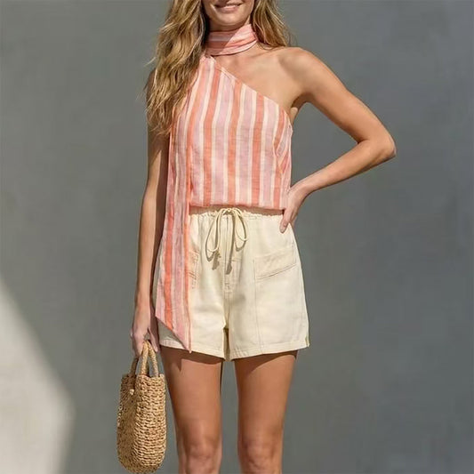 Single shoulder striped printed top Bohemian casual