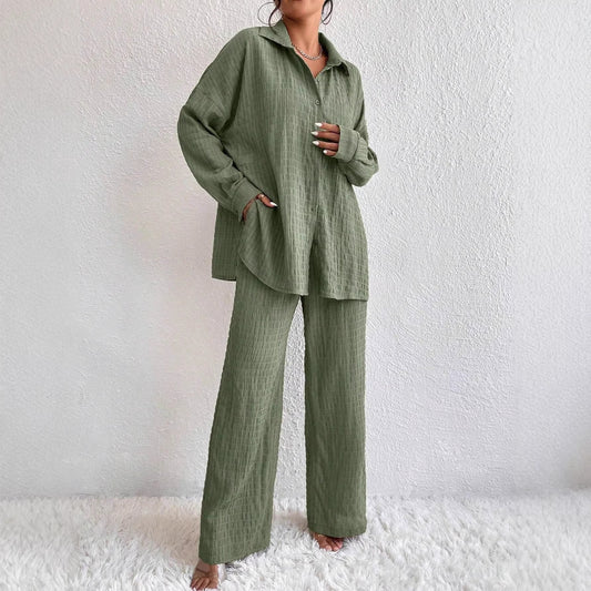 Summer New European And American Style Pleated Long-Sleeve Lapel Loose Two-Piece Set