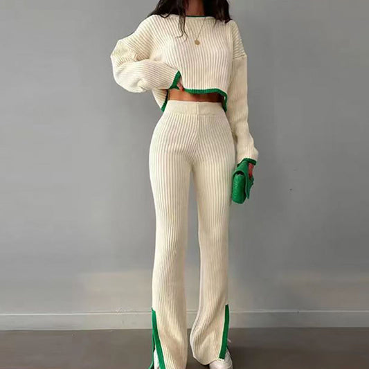 Women's Casual Color-Block Two Piece Set, Long Sleeve Crop Top With Slim Slit Pants, Spring&Autumn Comfort Outfit