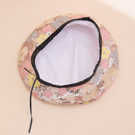 European And American Trendy Fashion Small Sequin Flower Beret, A Versatile Style That Suits All Occasions. A Painter's Hat, Perfect For Outdoor Photography.