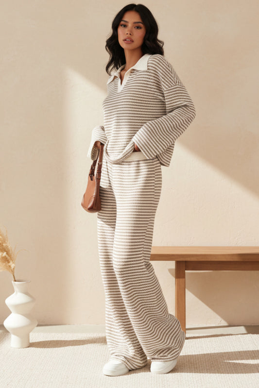 Long sleeved contrasting striped wide leg pants set