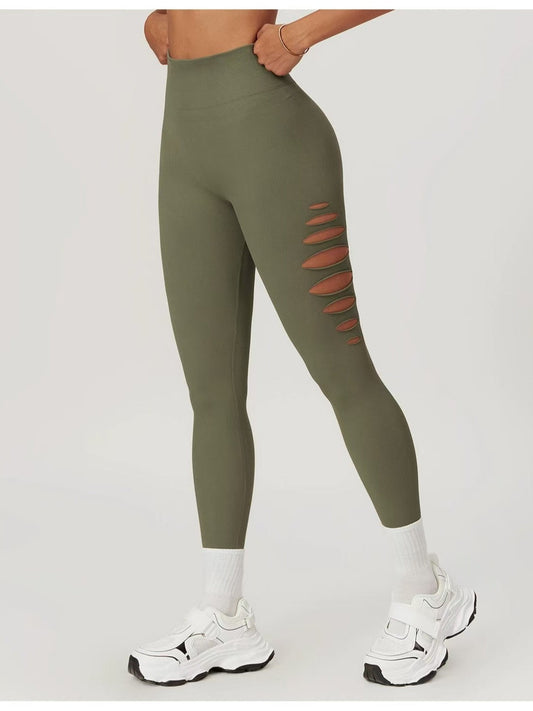 Style High Elastic Side Cut-Out Seamless Knit Butt-Lifting Fitness Pants Women High Waist Slim Yoga Pants Running Sports Long Pants