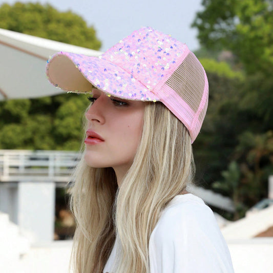 Colorful Sequin-embroidered Mesh Fabric Breathable Beanie With Sunshade Trendy Fashion Style Baseball Cap For Daily Outings, Parties, Outdoor Activities