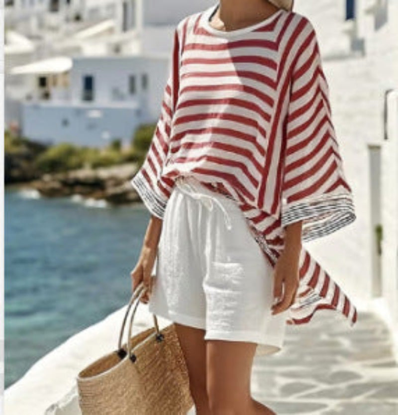 Japanese-style Vertical Stripe Ramie Bamboo Fiber Top Womens Set