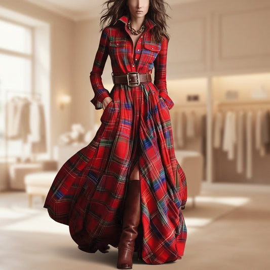 Ins Plaid Print Long-Sleeved Dress Fashion Pockets Collared Buttons Shirt Long Dresses Retro Women's Clothing