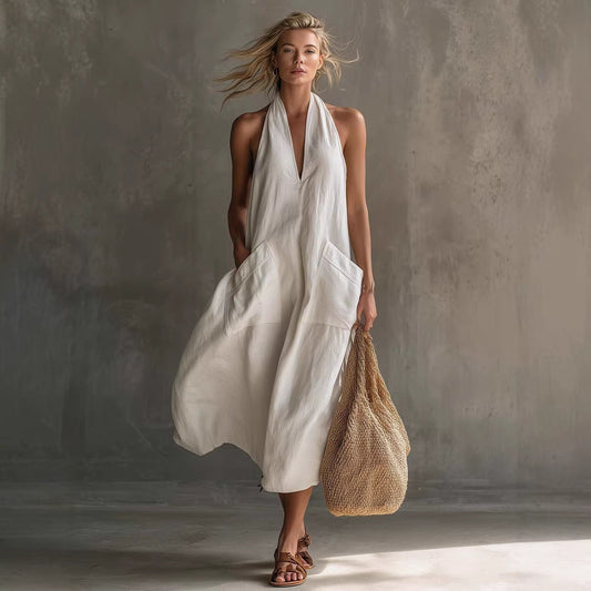 Casual Retro V-Neck Slip Linen Dress