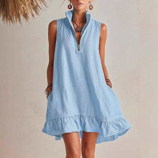 New Stylish Casual Loose Half-Zip Sleeveless Dress With Ruffle Hem
