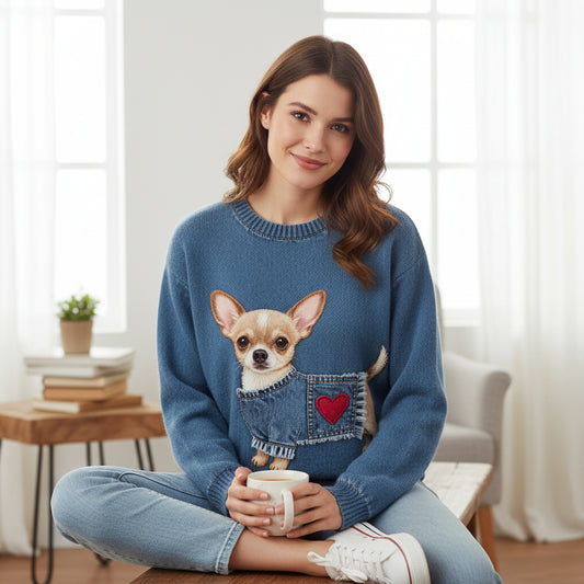Womens 3D Digital Print Crew-Neck Sweater