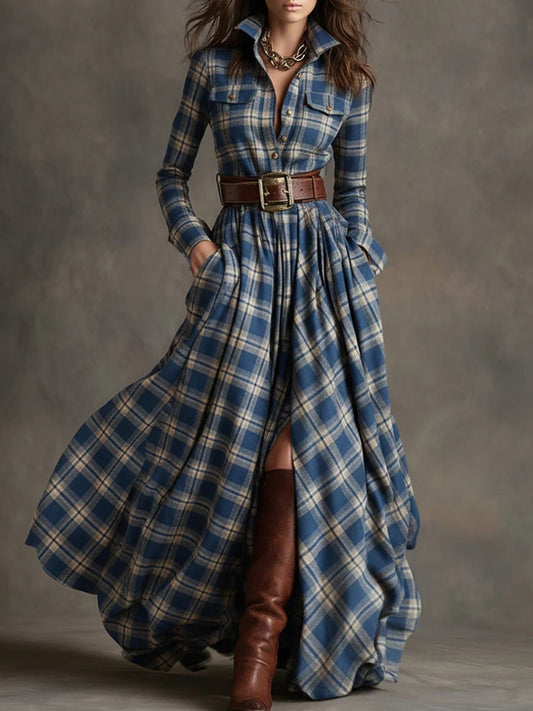Ins Plaid Print Long-Sleeved Dress Fashion Pockets Collared Buttons Shirt Long Dresses Retro Women's Clothing