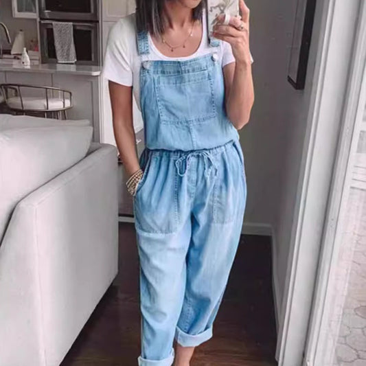 Fashionable Elastic Mid-Waist Jumpsuit Womens Pants