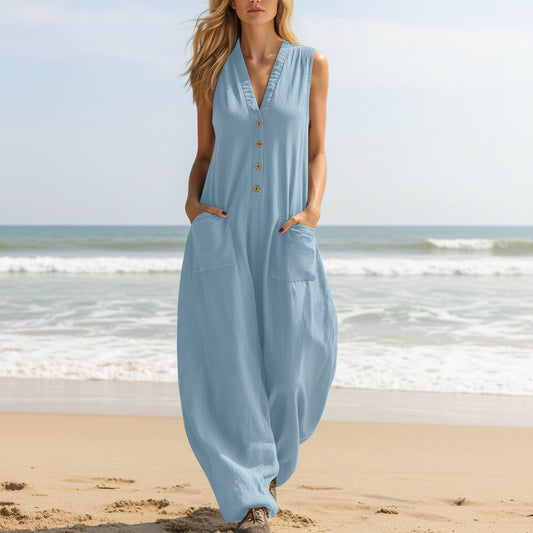 Womens Casual Linen-Cotton Sleeveless Jumpsuit With Two Pocket Straps