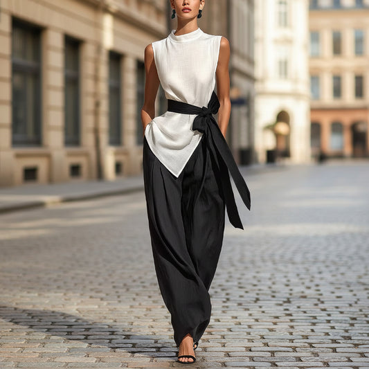 Two piece set of lace up sleeveless top and wide leg pants