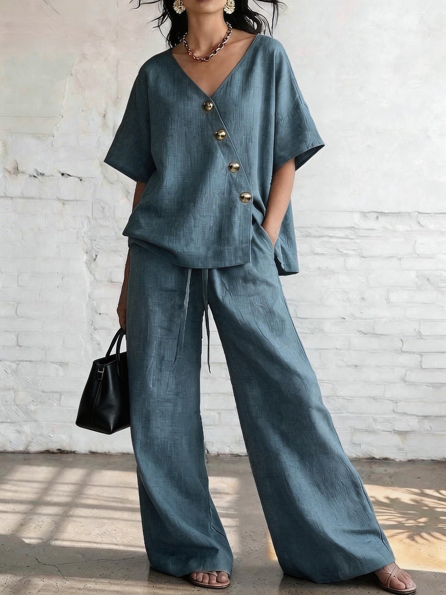 Casual Vacation Loose Cotton-Linen V-Neck Wide-Leg Pants Two-Piece Set